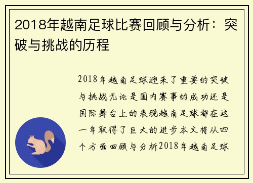 2018年越南足球比赛回顾与分析：突破与挑战的历程