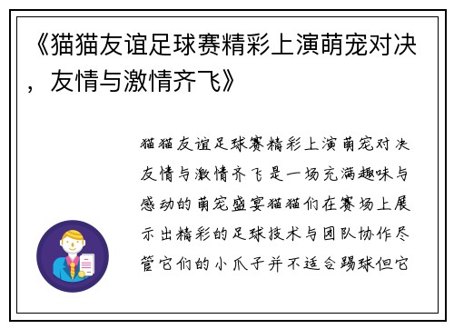 《猫猫友谊足球赛精彩上演萌宠对决，友情与激情齐飞》