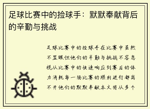 足球比赛中的捡球手：默默奉献背后的辛勤与挑战