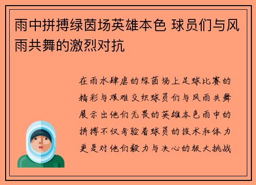 雨中拼搏绿茵场英雄本色 球员们与风雨共舞的激烈对抗
