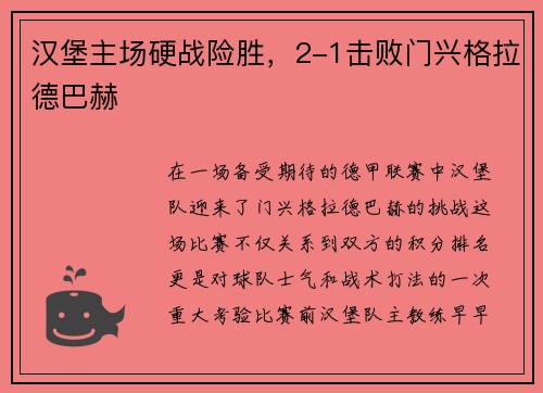 汉堡主场硬战险胜，2-1击败门兴格拉德巴赫