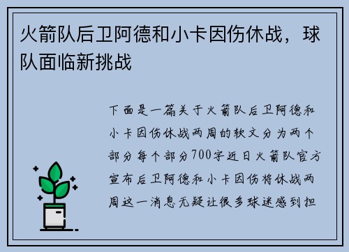 火箭队后卫阿德和小卡因伤休战，球队面临新挑战