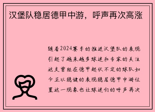 汉堡队稳居德甲中游，呼声再次高涨