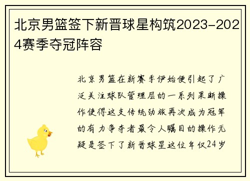 北京男篮签下新晋球星构筑2023-2024赛季夺冠阵容