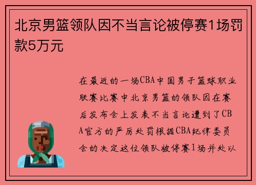 北京男篮领队因不当言论被停赛1场罚款5万元