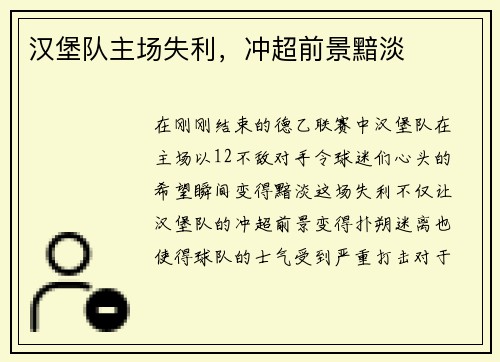 汉堡队主场失利，冲超前景黯淡