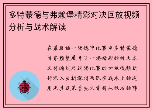 多特蒙德与弗赖堡精彩对决回放视频分析与战术解读
