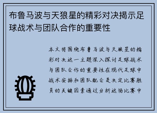 布鲁马波与天狼星的精彩对决揭示足球战术与团队合作的重要性