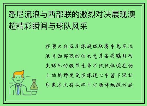 悉尼流浪与西部联的激烈对决展现澳超精彩瞬间与球队风采
