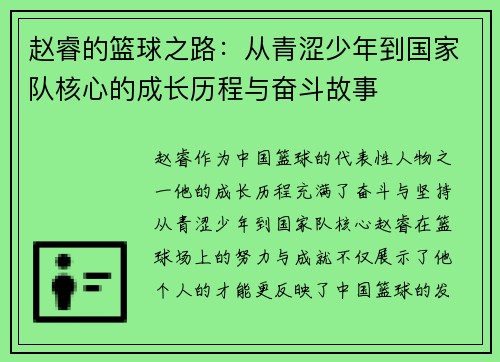 赵睿的篮球之路：从青涩少年到国家队核心的成长历程与奋斗故事