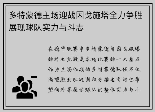 多特蒙德主场迎战因戈施塔全力争胜展现球队实力与斗志