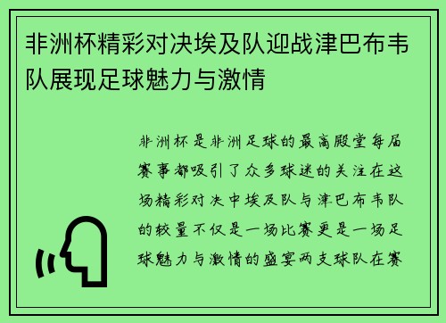 非洲杯精彩对决埃及队迎战津巴布韦队展现足球魅力与激情