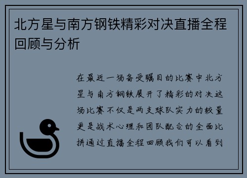 北方星与南方钢铁精彩对决直播全程回顾与分析
