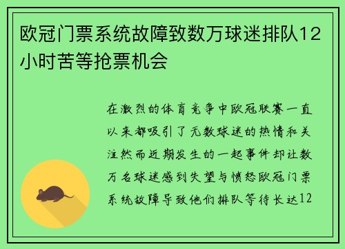 欧冠门票系统故障致数万球迷排队12小时苦等抢票机会