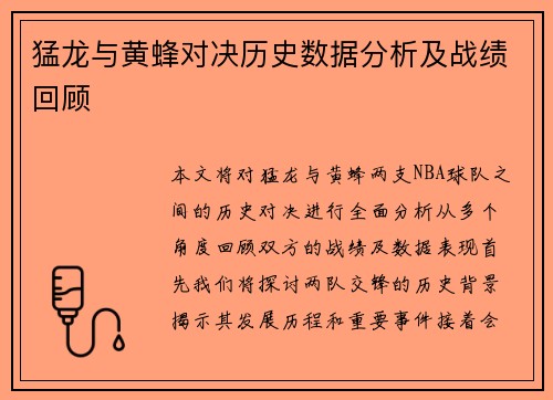 猛龙与黄蜂对决历史数据分析及战绩回顾