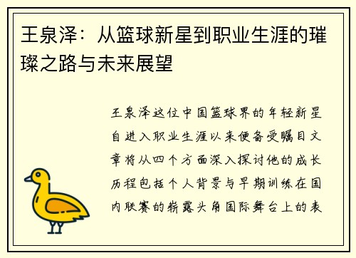 王泉泽：从篮球新星到职业生涯的璀璨之路与未来展望