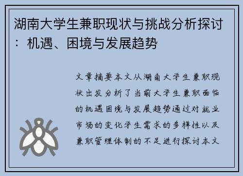湖南大学生兼职现状与挑战分析探讨：机遇、困境与发展趋势