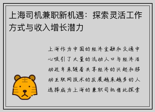 上海司机兼职新机遇：探索灵活工作方式与收入增长潜力