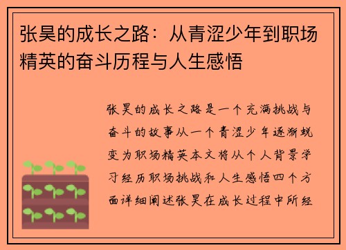 张昊的成长之路：从青涩少年到职场精英的奋斗历程与人生感悟