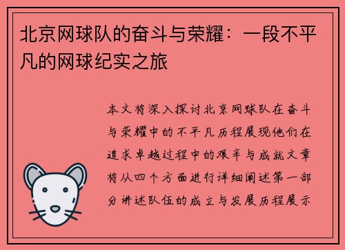 北京网球队的奋斗与荣耀：一段不平凡的网球纪实之旅