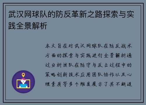 武汉网球队的防反革新之路探索与实践全景解析