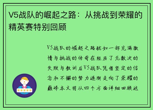 V5战队的崛起之路：从挑战到荣耀的精英赛特别回顾