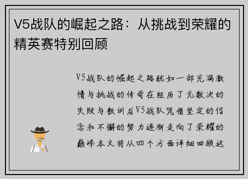 V5战队的崛起之路：从挑战到荣耀的精英赛特别回顾