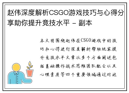 赵伟深度解析CSGO游戏技巧与心得分享助你提升竞技水平 - 副本